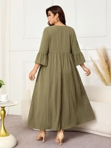 Lacomfia Gaun Elegan Wanita Ukuran Plus dengan Renda Kontras, Leher Bulat, dan Manset Berkerut, Cocok untuk Acara Brunch dan Pesta Teh, Warna Hijau Kelly, Musim Gugur. - Hijau - View 2