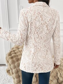 SHEIN Clasi 女款時尚通勤優雅蕾絲浪漫仿蕾絲印花西裝外套 白色花卉 夏季婚禮早午餐茶會晚餐約會 - 白色 - 查看 4