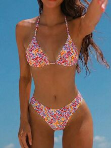Swim Vcay 女性夏季沙灘小花印花領口綁帶度假比基尼套裝，隨機印花 - 彩色 - 查看 5