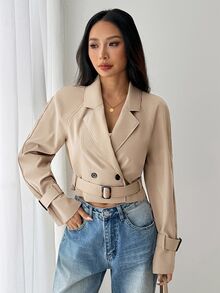 Sinnesro 女款卡其色短版寬鬆風衣外套附腰帶，優雅通勤秋季外衣，休閒防風夾克，紋理升級版冬季外套，適合嬌小女性 - 卡其色 - 查看 11