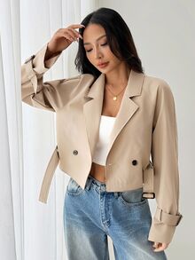 Sinnesro 女款卡其色短版寬鬆風衣外套附腰帶，優雅通勤秋季外衣，休閒防風夾克，紋理升級版冬季外套，適合嬌小女性 - 卡其色 - 查看 10