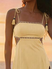 CAJUNI Women's Colorblock Hollow Out Casual Party Spaghetti Strap Dress - Light Yellow - View 4