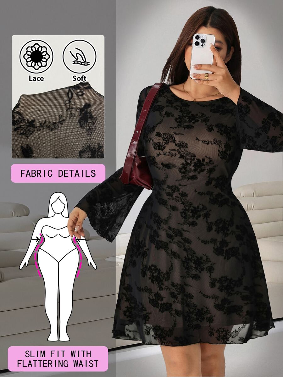 Solflare 大尺碼喇叭袖花卉植絨網紗洋裝，萬聖節、節慶穿搭，秋季約會之夜生日黑色性感優雅 - 黑色 - 查看 1