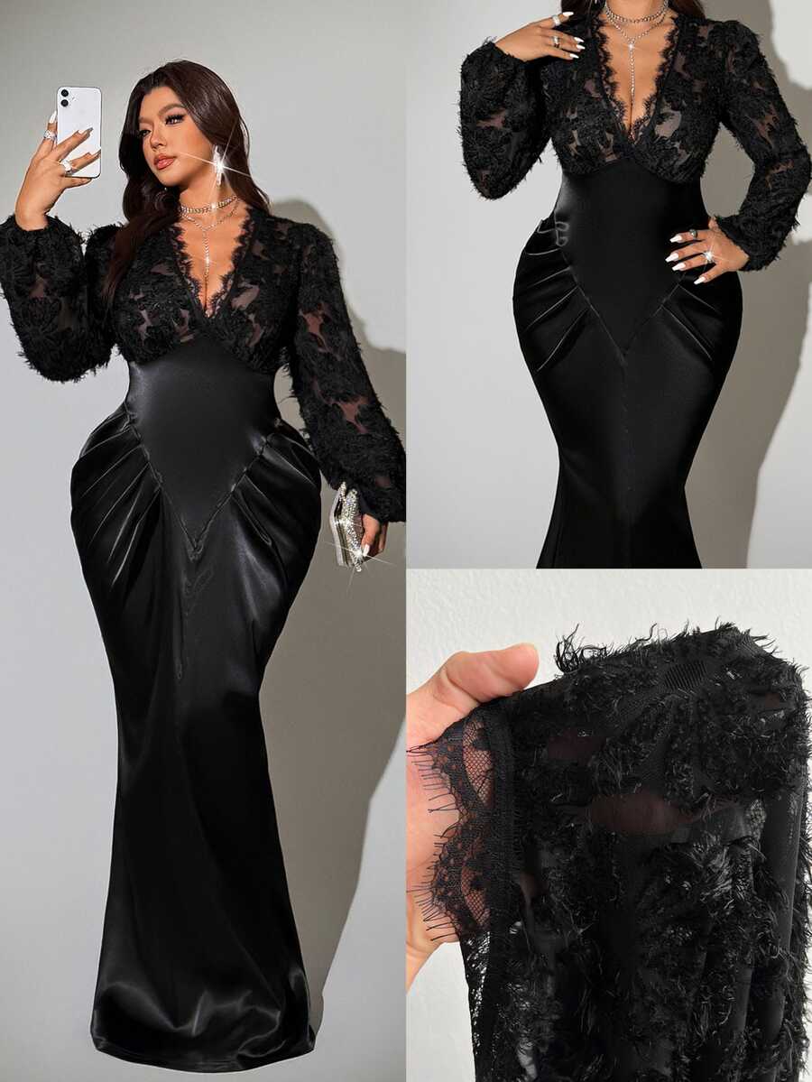 Viva Relle Plus Size Sexy Ruched Fishtail Long Sleeve Dress Fall - Black - View 1