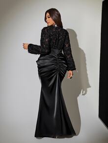 Viva Relle Plus Size Sexy Ruched Fishtail Long Sleeve Dress Fall - Black - View 6