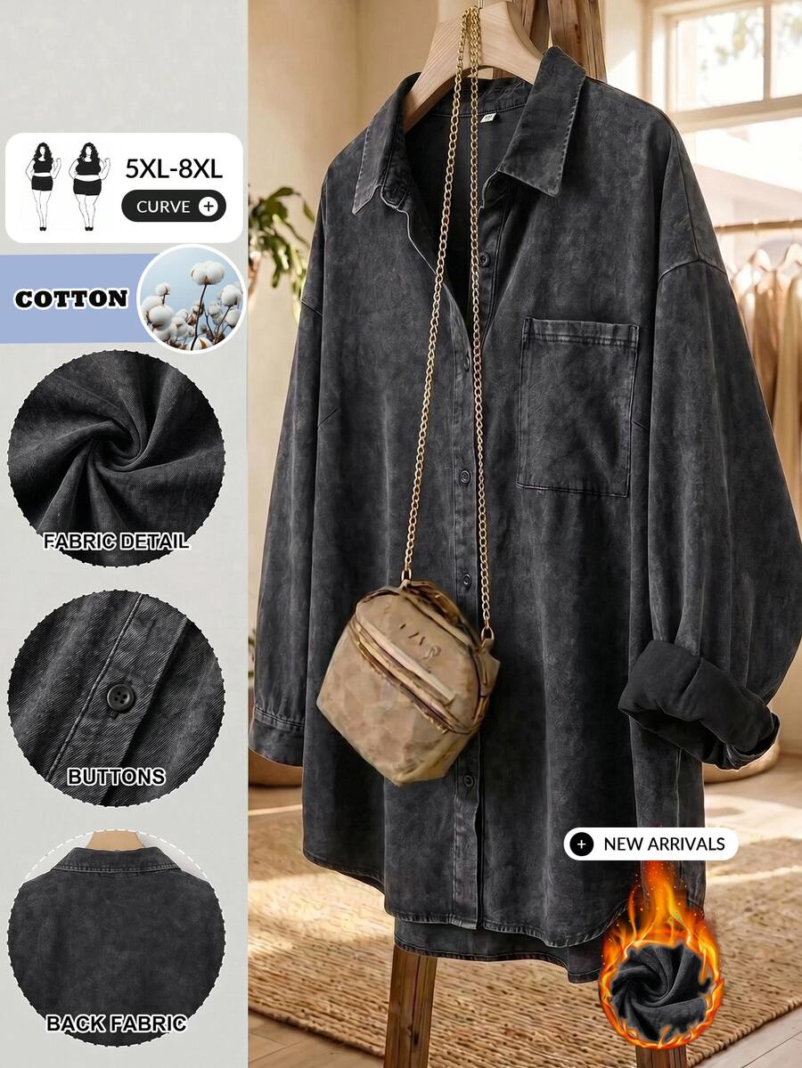 SHEIN CURVE+ Plus Size Women's Single-Breasted Casual Daily Wear Washed Distressed Jacket Fall - Black - View 1