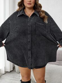SHEIN CURVE+ Plus Size Women's Single-Breasted Casual Daily Wear Washed Distressed Jacket Fall - Black - View 11