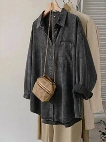 SHEIN CURVE+ Plus Size Women's Single-Breasted Casual Daily Wear Washed Distressed Jacket Fall - Black - View 3