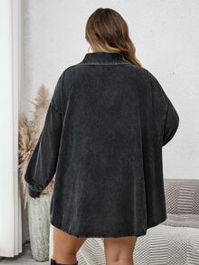 SHEIN CURVE+ Plus Size Women's Single-Breasted Casual Daily Wear Washed Distressed Jacket Fall - Black - View 7