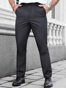 Calvornis Men's Solid Color Slant Pocket Slim Fit Business Suit Pants, Formal, Ceremony - Dark Grey - View 1