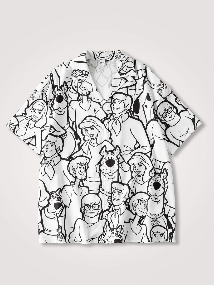 SCOOBY-DOO X SHEIN 男士卡通人物图案休闲短袖衬衫 - 黑與白 - 查看 1