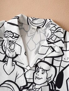 SCOOBY-DOO X SHEIN 男士卡通人物图案休闲短袖衬衫 - 黑與白 - 查看 4