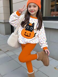 萬聖節少女休閒簡約可愛卡通南瓜貓圖案彩色波點南瓜色圓領衛衣彈性腰長褲套裝，適合秋冬派對造型，秋季冬季，日系可愛慵懶風 - 彩色 - 查看 3