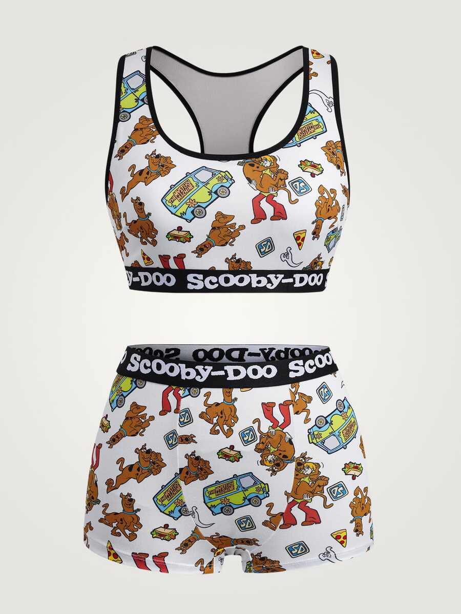 SCOOBY-DOO X SHEIN 女款字母卡通印花內衣與四角內褲休閒日常內衣套裝 - 白色 - 查看 1
