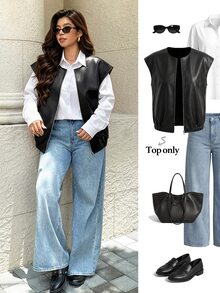 Easura Plus Size PU Black Street Casual Daily Sleeveless Long Vest Winter - Black - View 1