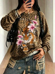 Maweii 大尺碼豹紋虎紋與花卉圖案女款圓領長袖寬鬆套頭衛衣，復古休閒街頭風秋季上衣 - 彩色 - 查看 3