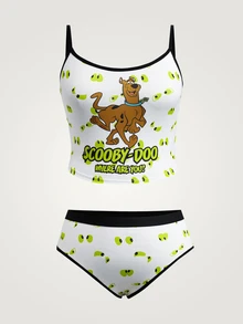 SCOOBY-DOO X SHEIN Plus Size Cartoon Print Camisole And Panty Set - White - View 1