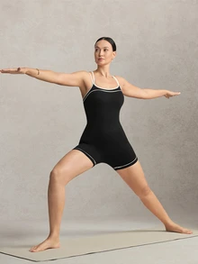 Activina Women's Black & White Square Neck Criss-Cross Strap Fitted Tank Top Romper - Black - View 6