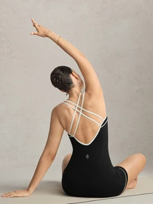 Activina Women's Black & White Square Neck Criss-Cross Strap Fitted Tank Top Romper - Black - View 8