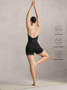 Activina Women's Black & White Square Neck Criss-Cross Strap Fitted Tank Top Romper - Black - View 1