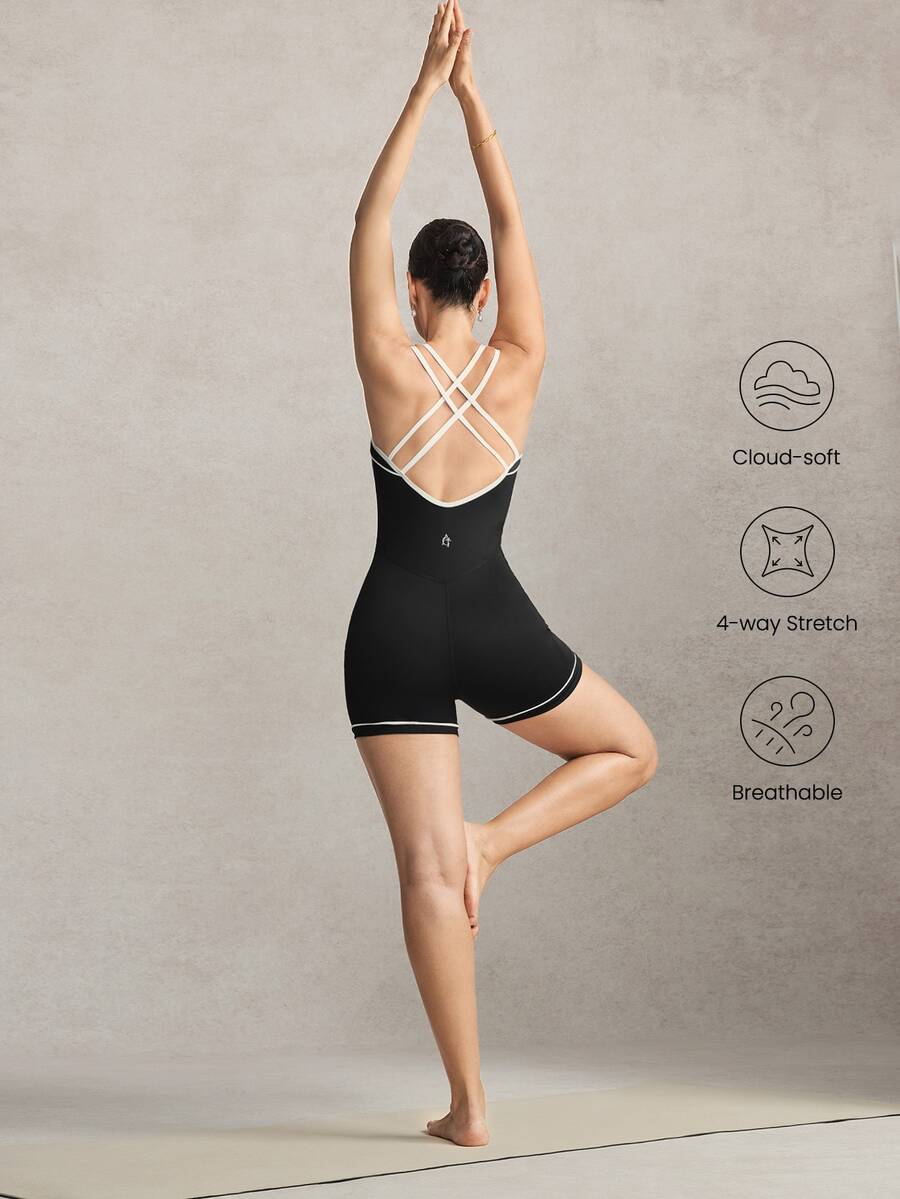 Activina Women's Black & White Square Neck Criss-Cross Strap Fitted Tank Top Romper - Black - View 1