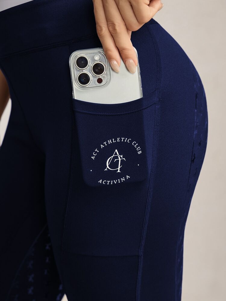 Activina Women's Letter Print Pocket Fitted Equestrian Riding Pants - Navy Blue - View 7