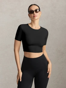 Activina Women's Black & Beige Backless Fitted Short Sleeve T-Shirt - Multicolor - View 6