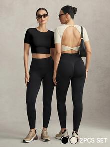 Activina Women's Black & Beige Backless Fitted Short Sleeve T-Shirt - Multicolor - View 2