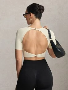 Activina Women's Black & Beige Backless Fitted Short Sleeve T-Shirt - Multicolor - View 8