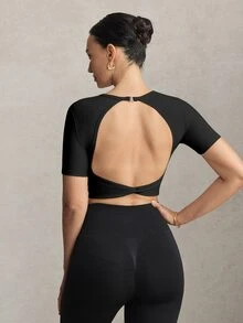 Activina Women's Black & Beige Backless Fitted Short Sleeve T-Shirt - Multicolor - View 10