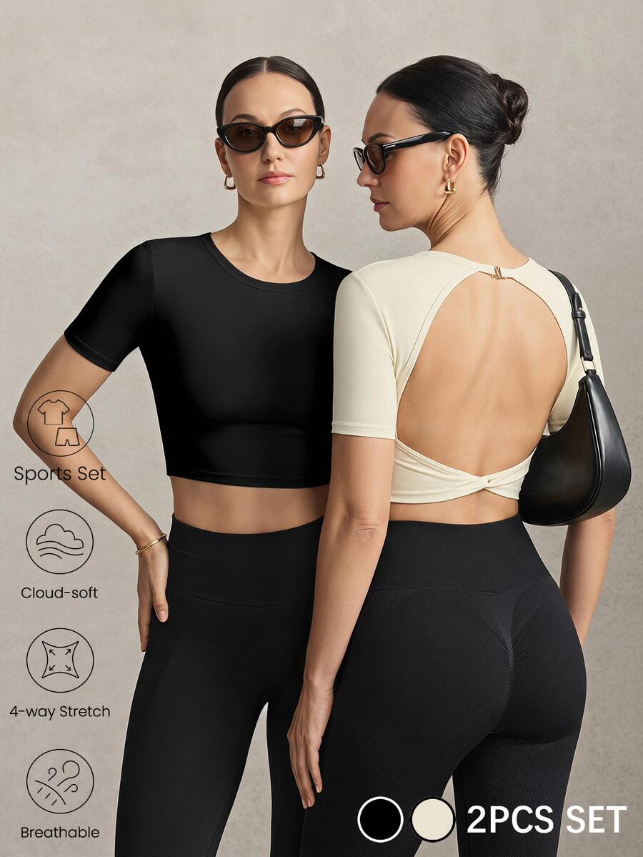 Activina Women's Black & Beige Backless Fitted Short Sleeve T-Shirt - Multicolor - View 1