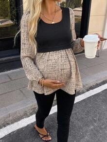 SHEIN Maternity Colorblock Patchwork 2 In 1 Blouse Babyshower Autumn Maternity Fall - Multicolor - View 2