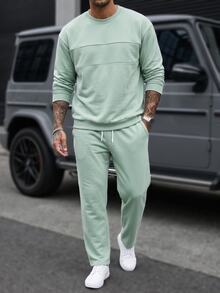 Manfinity Homme Men Solid Sweatshirt & Drawstring Waist Sweatpants - Green - View 3