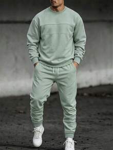Manfinity Homme Men Solid Sweatshirt & Drawstring Waist Sweatpants - Green - View 1