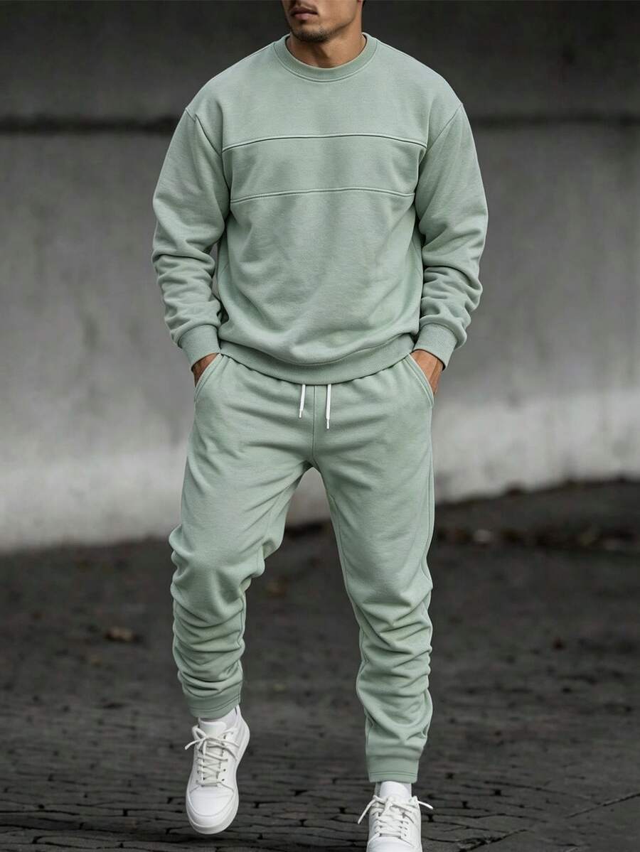 Manfinity Homme Men Solid Sweatshirt & Drawstring Waist Sweatpants - Green - View 1