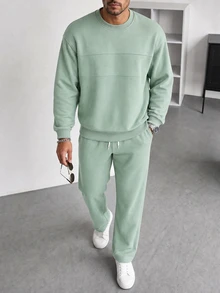Manfinity Homme Men Solid Sweatshirt & Drawstring Waist Sweatpants - Green - View 5