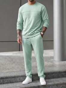 Manfinity Homme Men Solid Sweatshirt & Drawstring Waist Sweatpants - Green - View 4