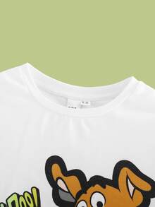 SCOOBY-DOO X SHEIN 大童男孩聯名卡通狗白色圓領T恤，狗狗、汽車、骨頭與英文字母滿版印花，長褲2件式居家休閒套裝 - 棕色 - 查看 7