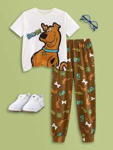 SCOOBY-DOO X SHEIN 大童男孩聯名卡通狗白色圓領T恤，狗狗、汽車、骨頭與英文字母滿版印花，長褲2件式居家休閒套裝 - 棕色 - 查看 10