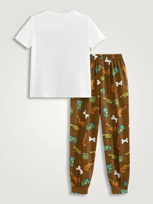SCOOBY-DOO X SHEIN 大童男孩聯名卡通狗白色圓領T恤，狗狗、汽車、骨頭與英文字母滿版印花，長褲2件式居家休閒套裝 - 棕色 - 查看 2