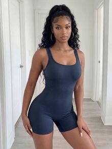 BamGleam Women's Solid Color Sleeveless Casual Baggy Streetwear Bodycon Romper One Piece Jumpsuit Tummy Control Bodysuits Gym Workout Navy Blue Summer - Navy Blue - View 6