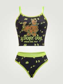 SCOOBY-DOO X SHEIN 女士可爱卡通狗印花吊带背心和内裤套装，舒适 - 黑色 - 查看 1