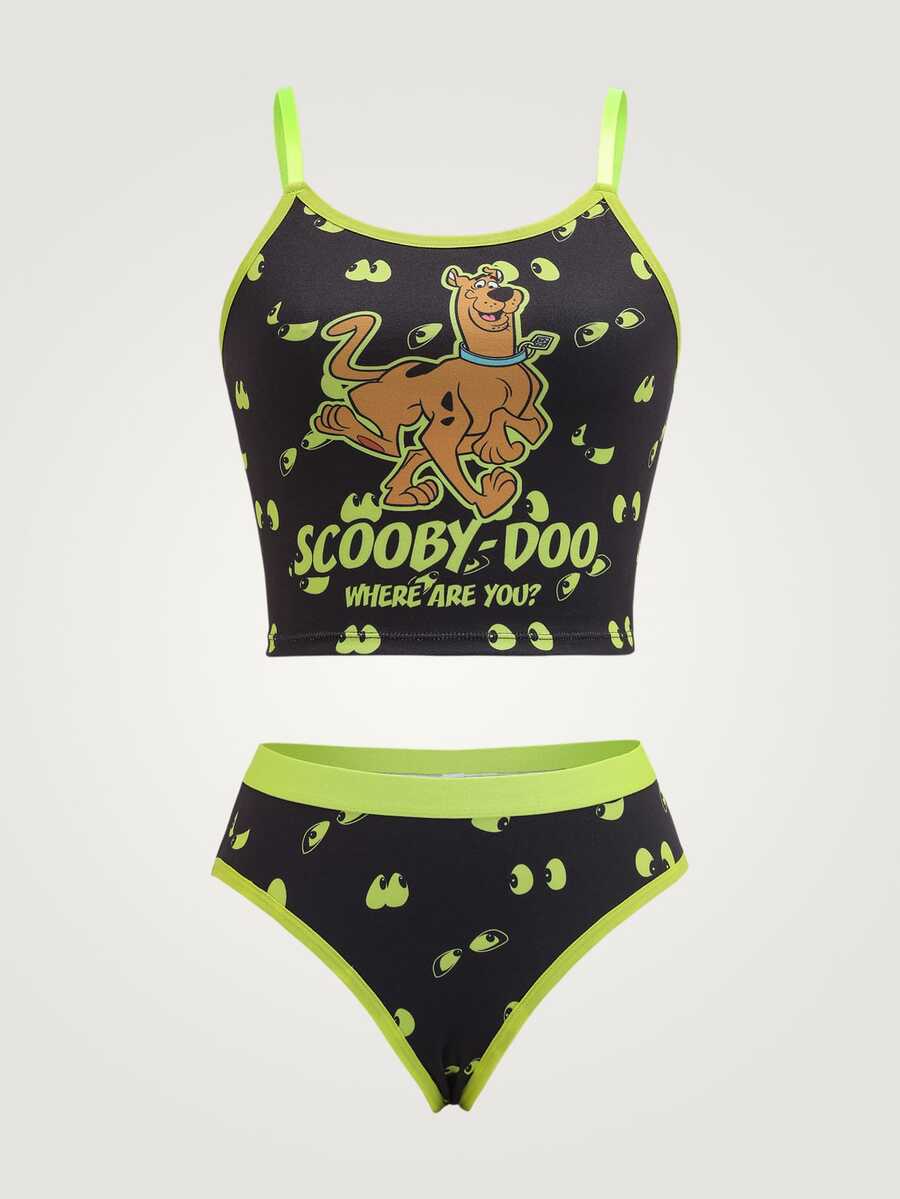 SCOOBY-DOO X SHEIN 女士可爱卡通狗印花吊带背心和内裤套装,舒适 - 黑色 - 查看 1