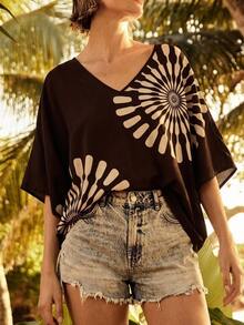 SHEIN VCAY Plus Size Women's V-Neck Blouse Suitable For Summer Fall Beach Fashion Cute Shirts Black Blouse Going Out Top - Multicolor - View 3