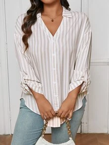 SHEIN Frenchy قميص كاجوال متشابك أكمام طويلة بأزرار مقاس كبير - لون مشمشي - مشاهدة 7