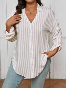 SHEIN Frenchy قميص كاجوال متشابك أكمام طويلة بأزرار مقاس كبير - لون مشمشي - مشاهدة 4