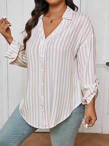 SHEIN Frenchy قميص كاجوال متشابك أكمام طويلة بأزرار مقاس كبير - لون مشمشي - مشاهدة 8