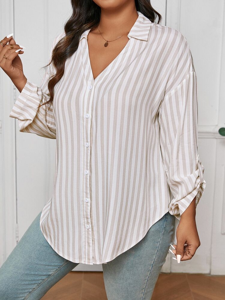 SHEIN Frenchy قميص كاجوال متشابك أكمام طويلة بأزرار مقاس كبير - لون مشمشي - مشاهدة 7