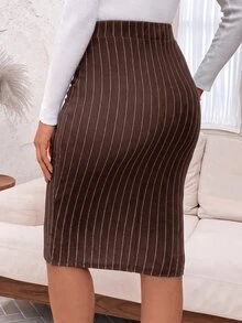 EMERY ROSE 女款優雅商務休閒棕色條紋修身裙 辦公室工作 教師節 秋季 - 棕色 - 查看 2