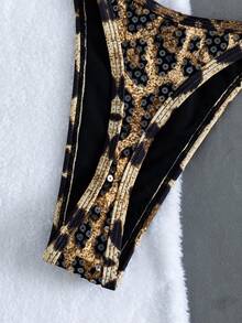 SHEIN Swim 女款優雅Y2K豹紋兩件式比基尼套裝，亮片掛脖三角上衣與高衩丁字褲，米色夏季休閒海灘度假泳衣 - 棕色 - 查看 11